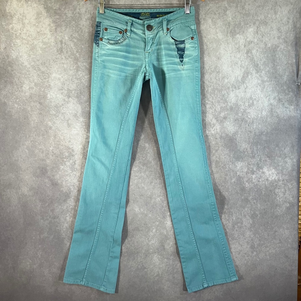 Sergeant Pepper Flare Jean Women 27 Teal Blue Y2K Embroider Distressed USA RARE